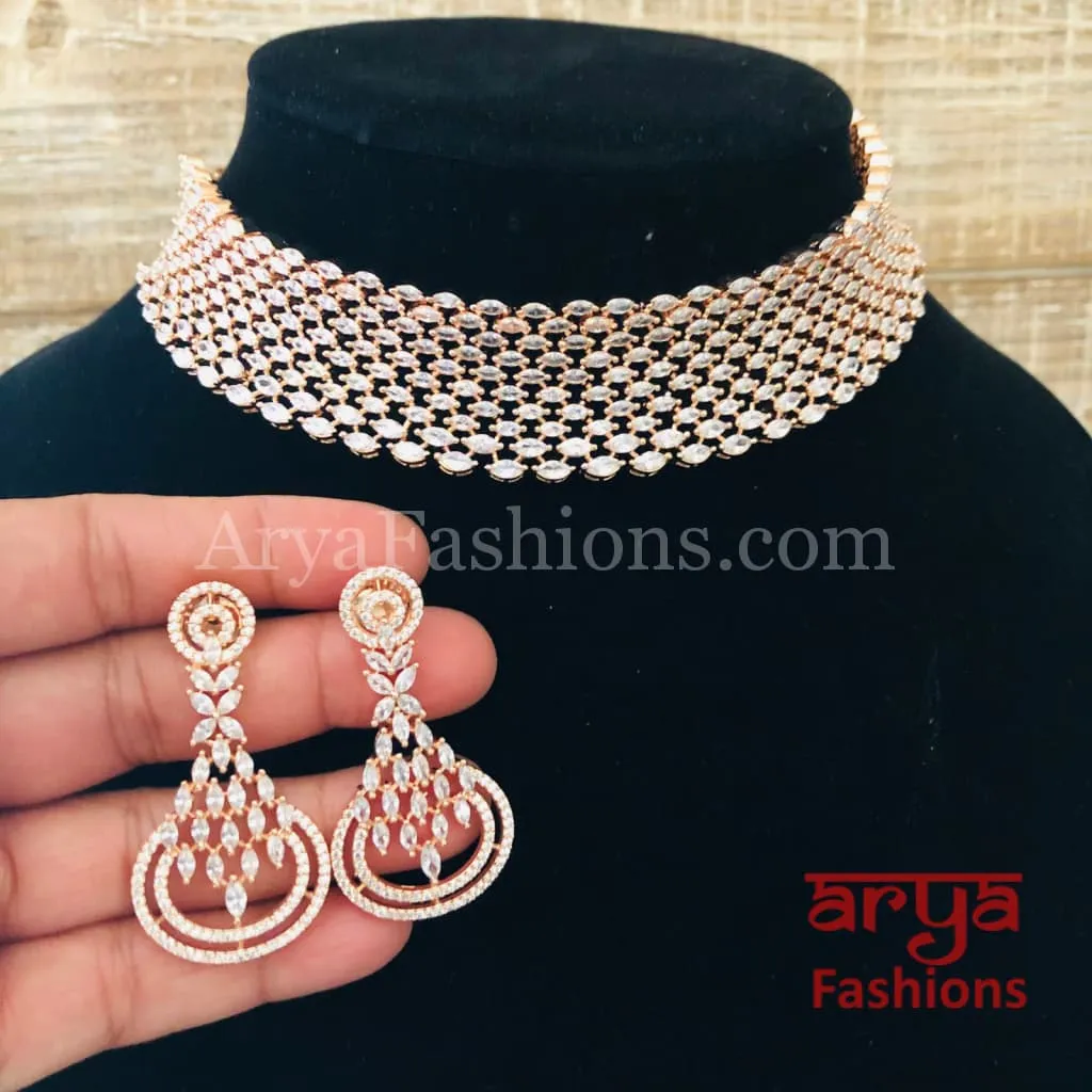 Abbey Bridal Rose Gold Silver CZ Choker with Earrings